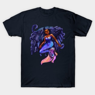 mermaid with flowing shimmering blue black braids  , brown eyes curly Afro hair and caramel brown skin T-Shirt